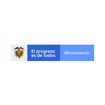 Logo de Ministerio de Comercio de color azul, con el escudo de Colombia y slogan el progreso es de todos.